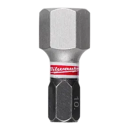 Image of a single SHOCKWAVE™ 1" Impact Duty Hex 10 MM Insert Bit from Bulk 25. The bit is metallic with a hexagonal shape and has a visible red Milwaukee logo on a white band towards the middle.