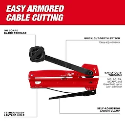 Red Armored Cable Cutter with black handle, featuring on-board blade storage, quick cut-depth switch, and self-adjusting armor clamp.