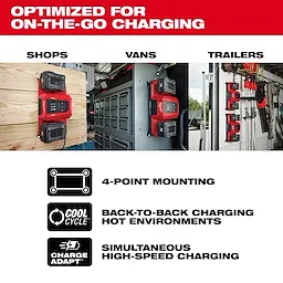M18 Dual Bay Simultaneous Super Charger with 4-point mounting, suitable for shops, vans, and trailers, offers high-speed charging and cooling cycle.