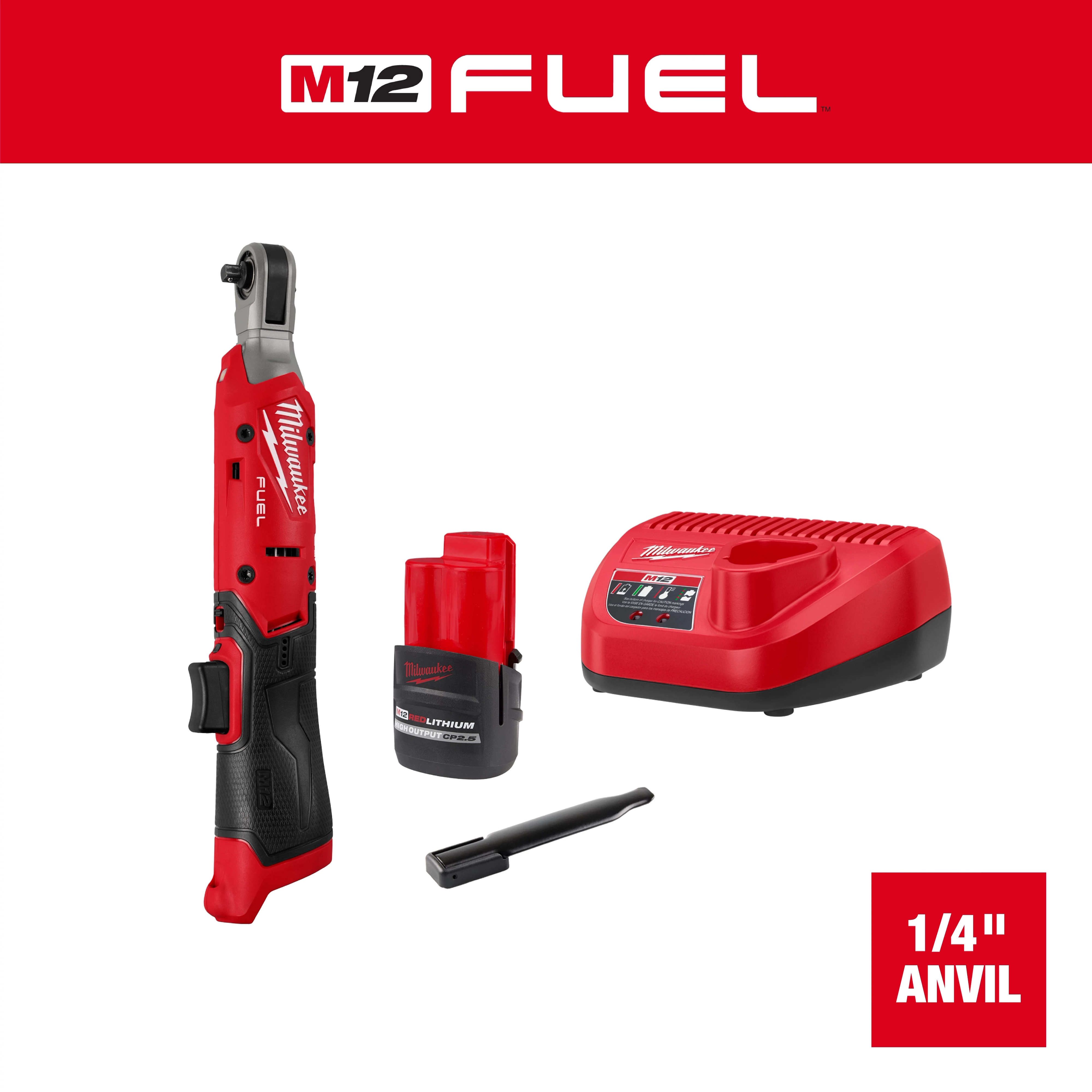 The M12 FUEL™ 1/4" Ratchet set includes a red cordless ratchet tool, a compact lithium-ion battery pack, a red battery charger, and a small power tool accessory. The ratchet features ergonomic grips and a sleek design suitable for tight spaces.