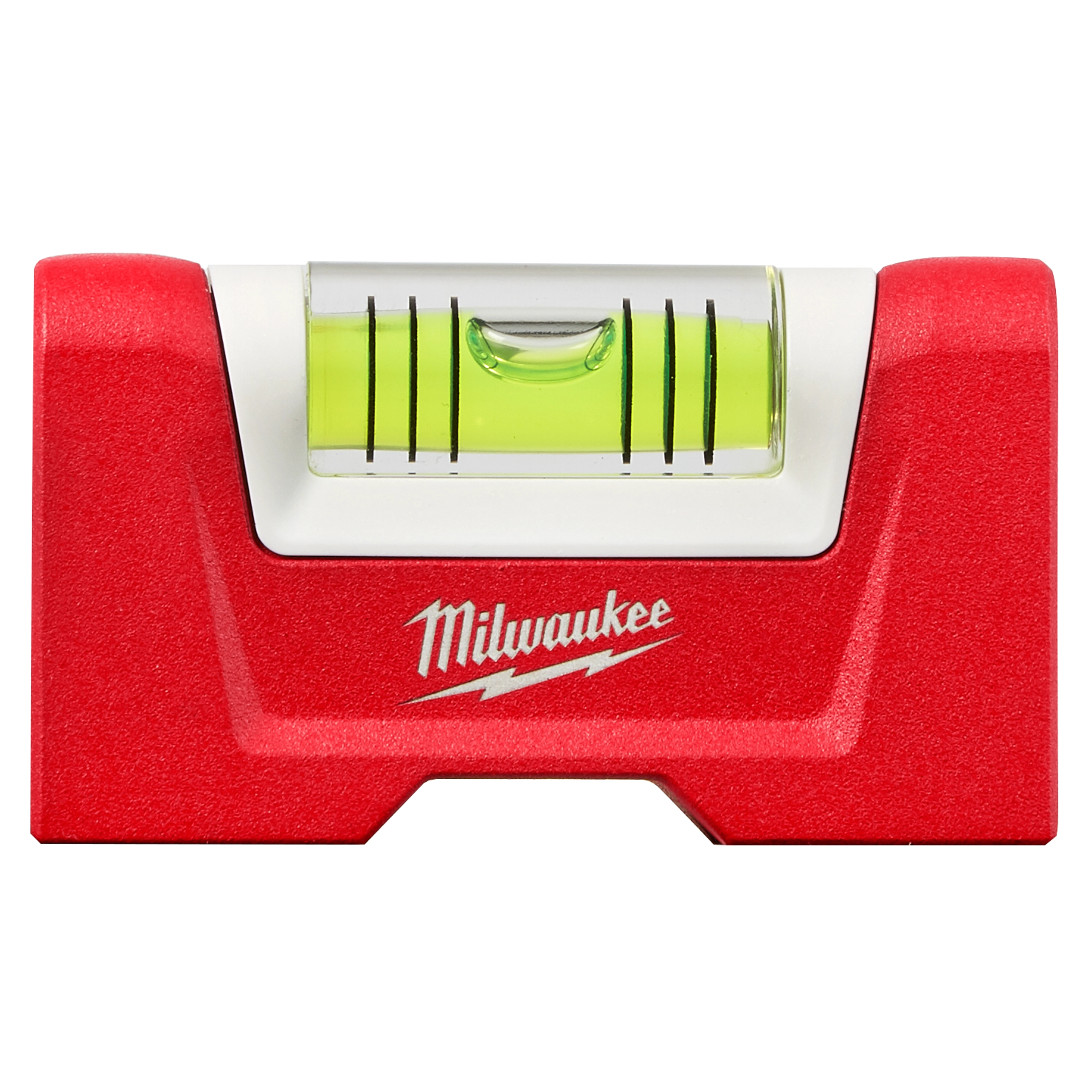 Milwaukee Pocket Level in red with a yellow-green liquid vial and three leveling lines, featuring the Milwaukee logo in white.