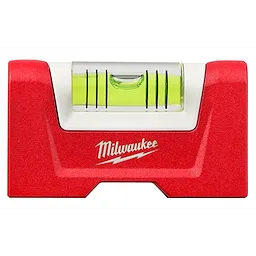 Milwaukee Pocket Level in red with a yellow-green liquid vial and three leveling lines, featuring the Milwaukee logo in white.