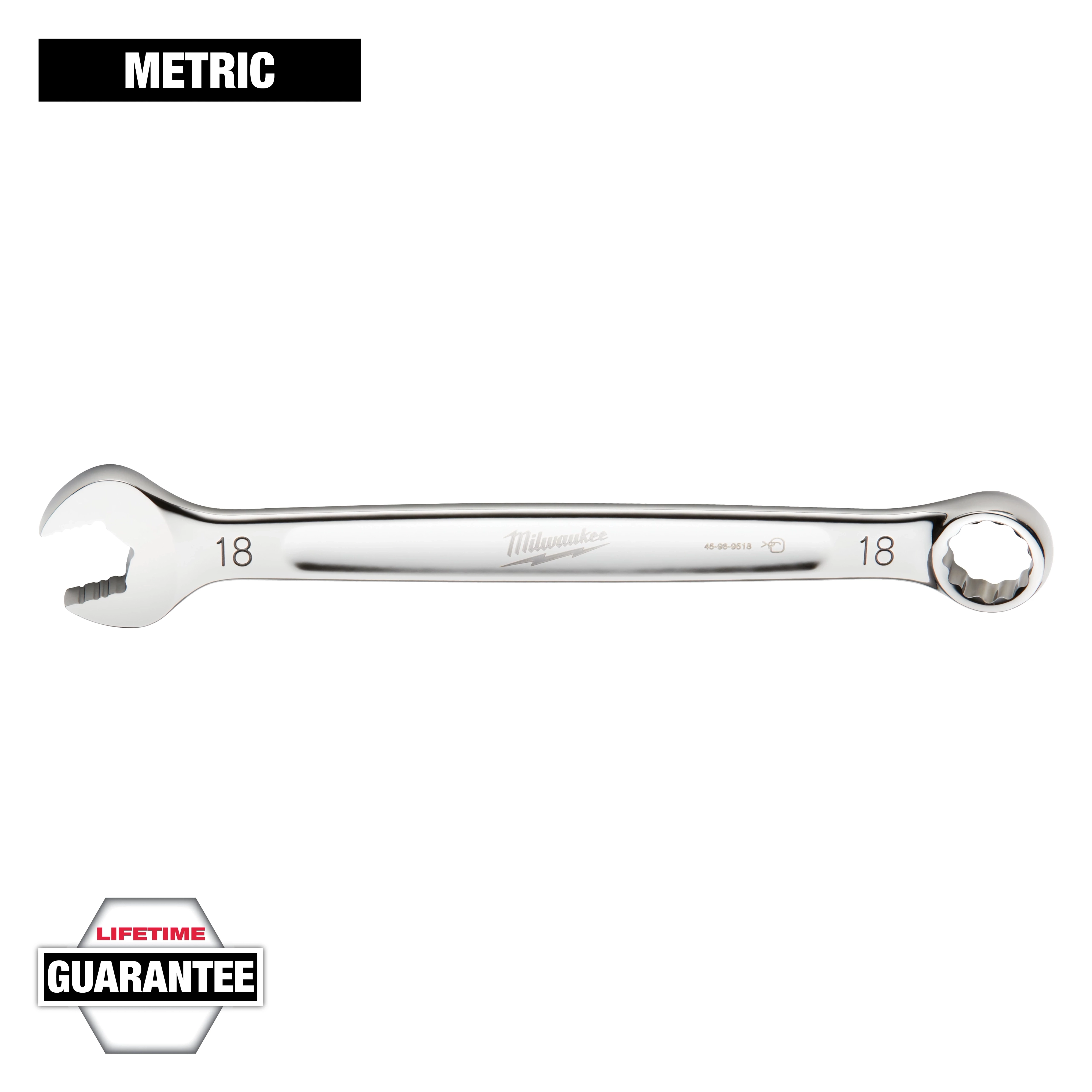 This image shows a Milwaukee brand 18mm metric combination wrench with an open-end and a box-end. The wrench is chrome-plated and engraved with "18" on both ends. A "Lifetime Guarantee" label is visible at the bottom left corner.