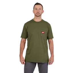 Heavy Duty Pocket T-Shirt in Green, featuring a chest pocket with a red and white logo patch, worn by a standing person.