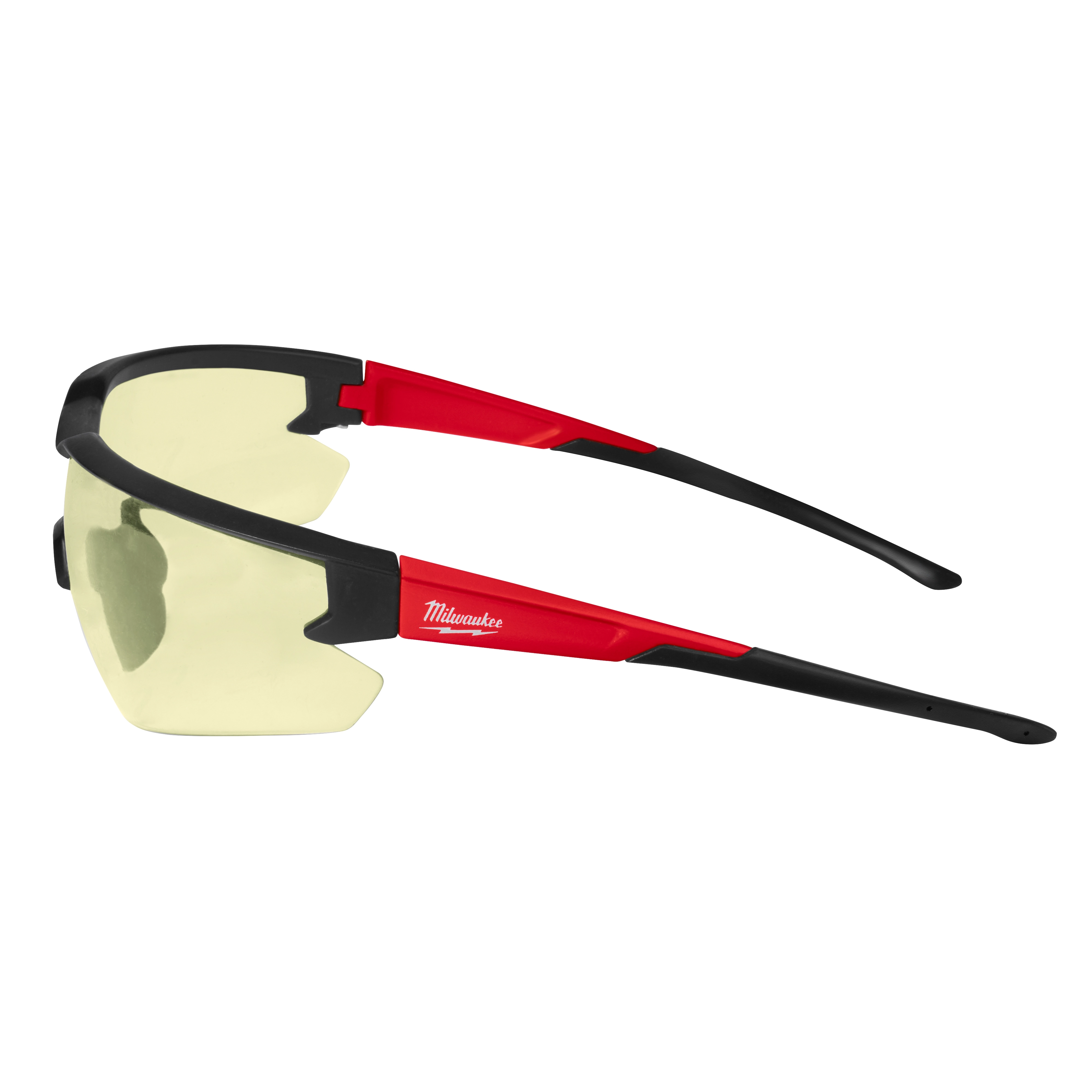 Safety Glasses with yellow fog-free lenses and black and red frame. Designed to provide eye protection in various work environments.