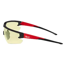 Safety Glasses with yellow fog-free lenses and black and red frame. Designed to provide eye protection in various work environments.