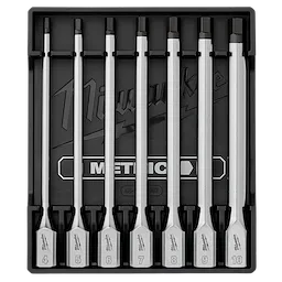 The 7pc 3/8” Drive Long Hex Bit Socket Set - Metric includes seven stainless steel hex bit sockets in sizes 4 to 10 millimeters. Each piece is securely housed in a labeled black case.