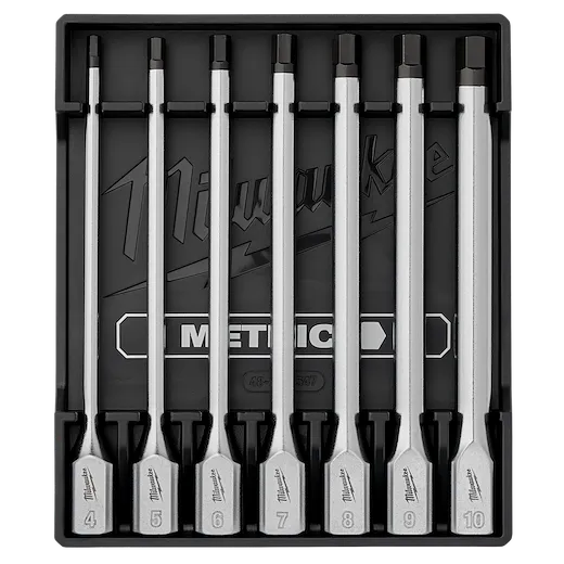 The 7pc 3/8” Drive Long Hex Bit Socket Set - Metric includes seven stainless steel hex bit sockets in sizes 4 to 10 millimeters. Each piece is securely housed in a labeled black case.