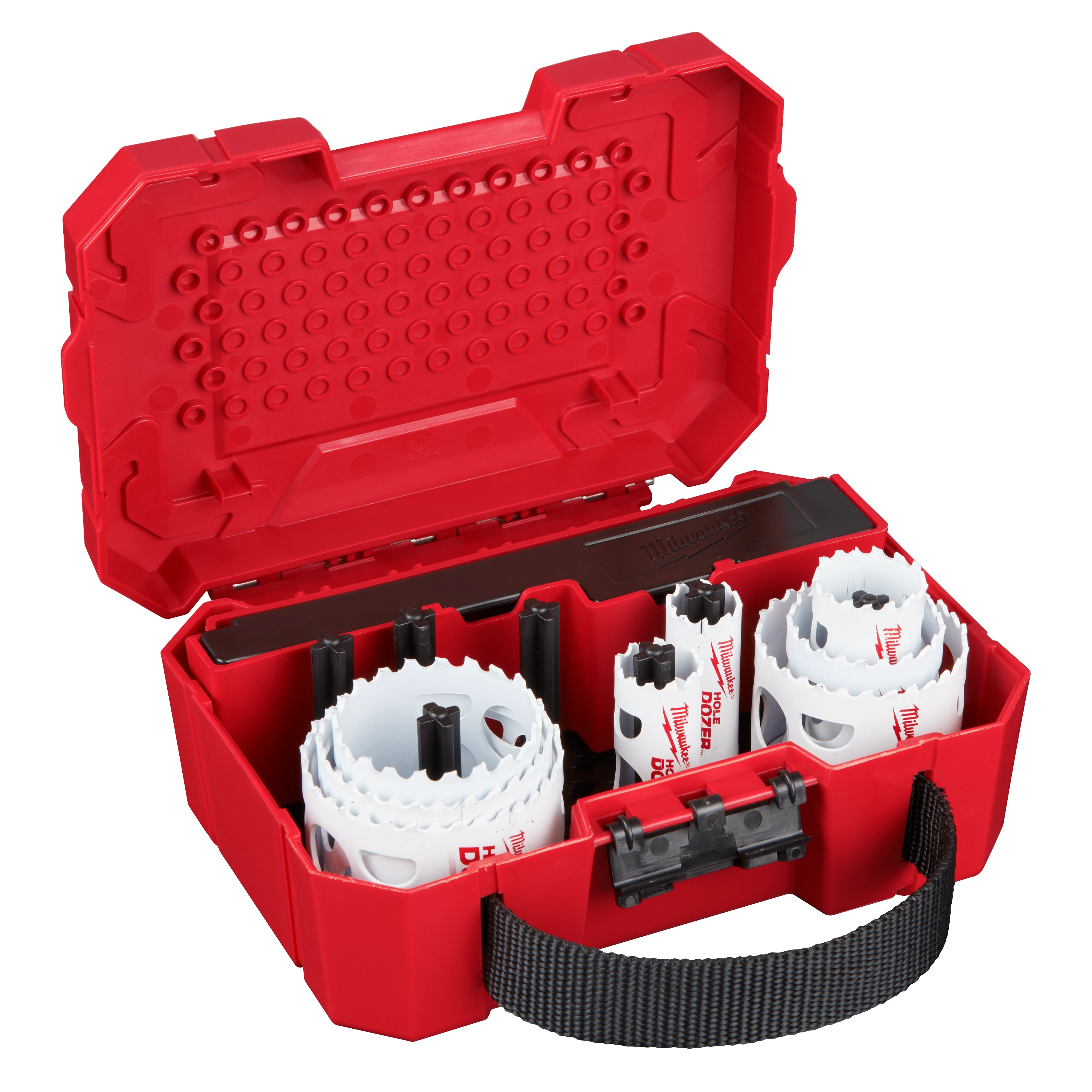 11 PC AUTO HOLE DOZER HS KIT features hole saws with serrated edges in a red carrying case with a black handle.