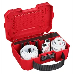 11 PC AUTO HOLE DOZER HS KIT features hole saws with serrated edges in a red carrying case with a black handle.
