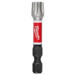 This image shows a Milwaukee brand drill bit with a red and white label on the shaft. The shaft has grooved sections for grip, and the tip has a star-shaped head for screws.
