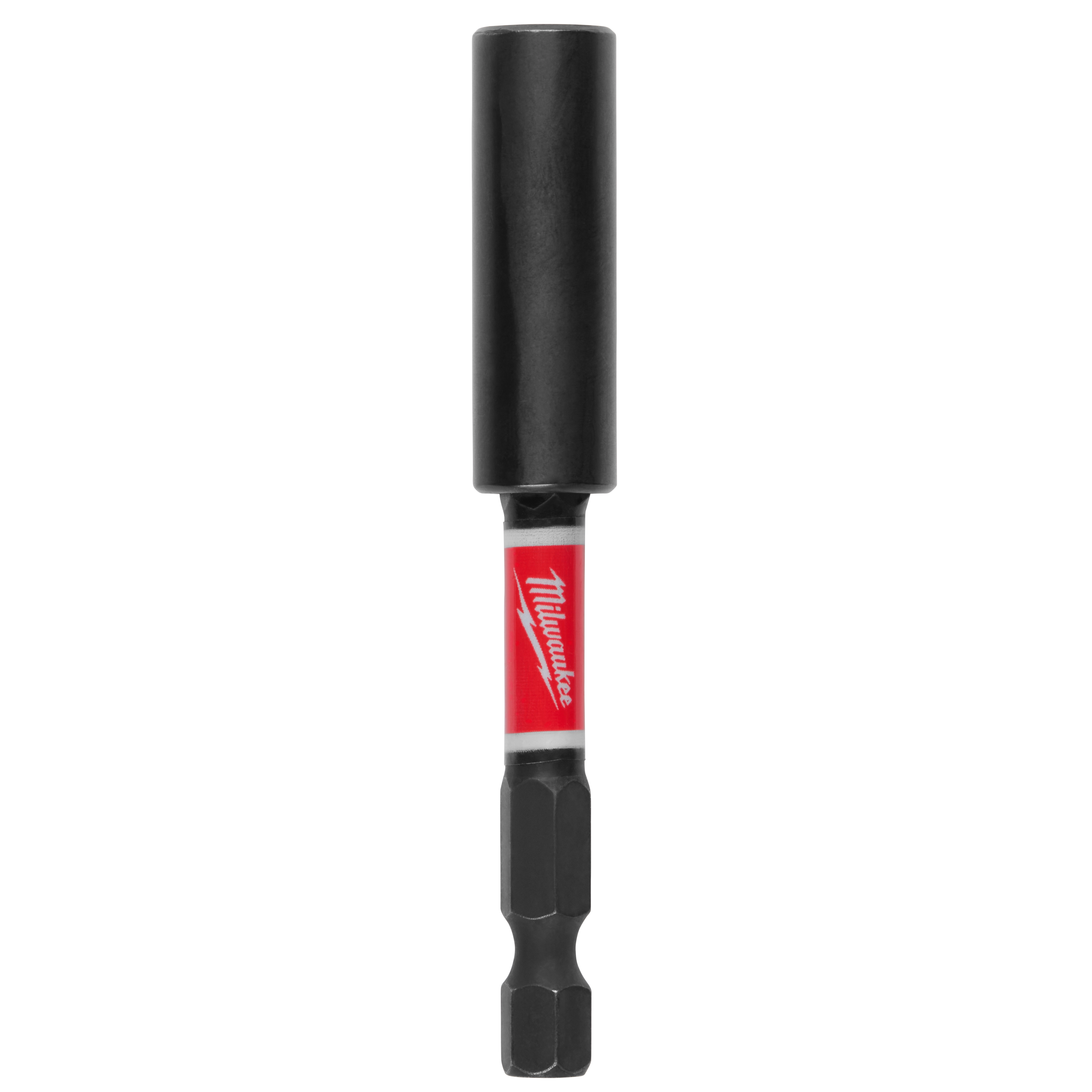 The image shows a SHOCKWAVE™ 3" Impact Duty Magnetic Bit Holder by Milwaukee. It features a red and white label with the Milwaukee logo, a black magnetic tip, and a hexagonal shank for secure fastening.