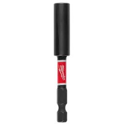 The image shows a SHOCKWAVE™ 3" Impact Duty Magnetic Bit Holder by Milwaukee. It features a red and white label with the Milwaukee logo, a black magnetic tip, and a hexagonal shank for secure fastening.