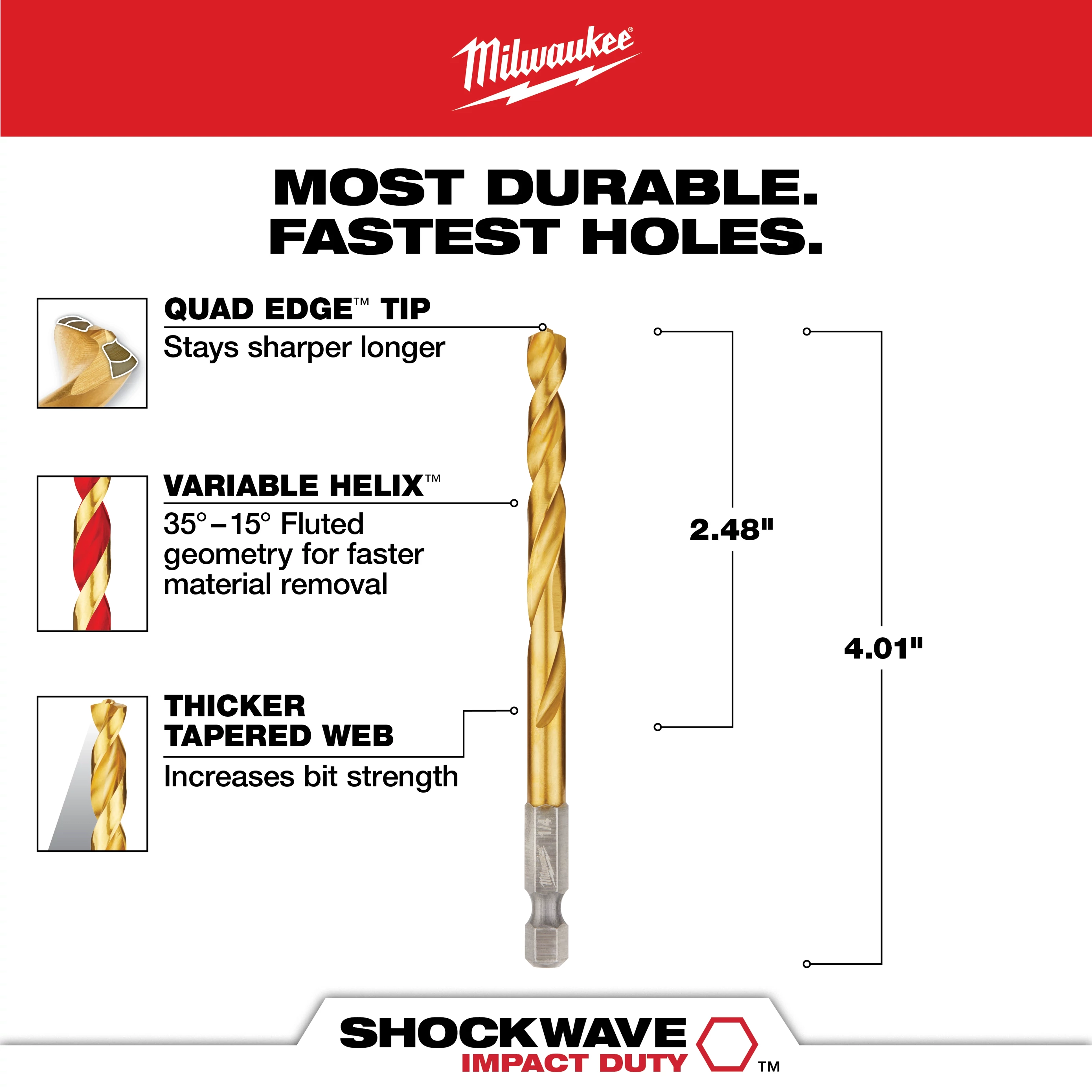The SHOCKWAVE 1/4 in. Titanium Twist Drill Bit features a quad edge tip for longer sharpness, a variable helix for faster material removal, and a thicker tapered web for increased strength. It measures 2.48 inches in length and 4.01 inches in overall length.