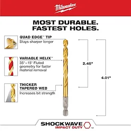 The SHOCKWAVE 1/4 in. Titanium Twist Drill Bit features a quad edge tip for longer sharpness, a variable helix for faster material removal, and a thicker tapered web for increased strength. It measures 2.48 inches in length and 4.01 inches in overall length.
