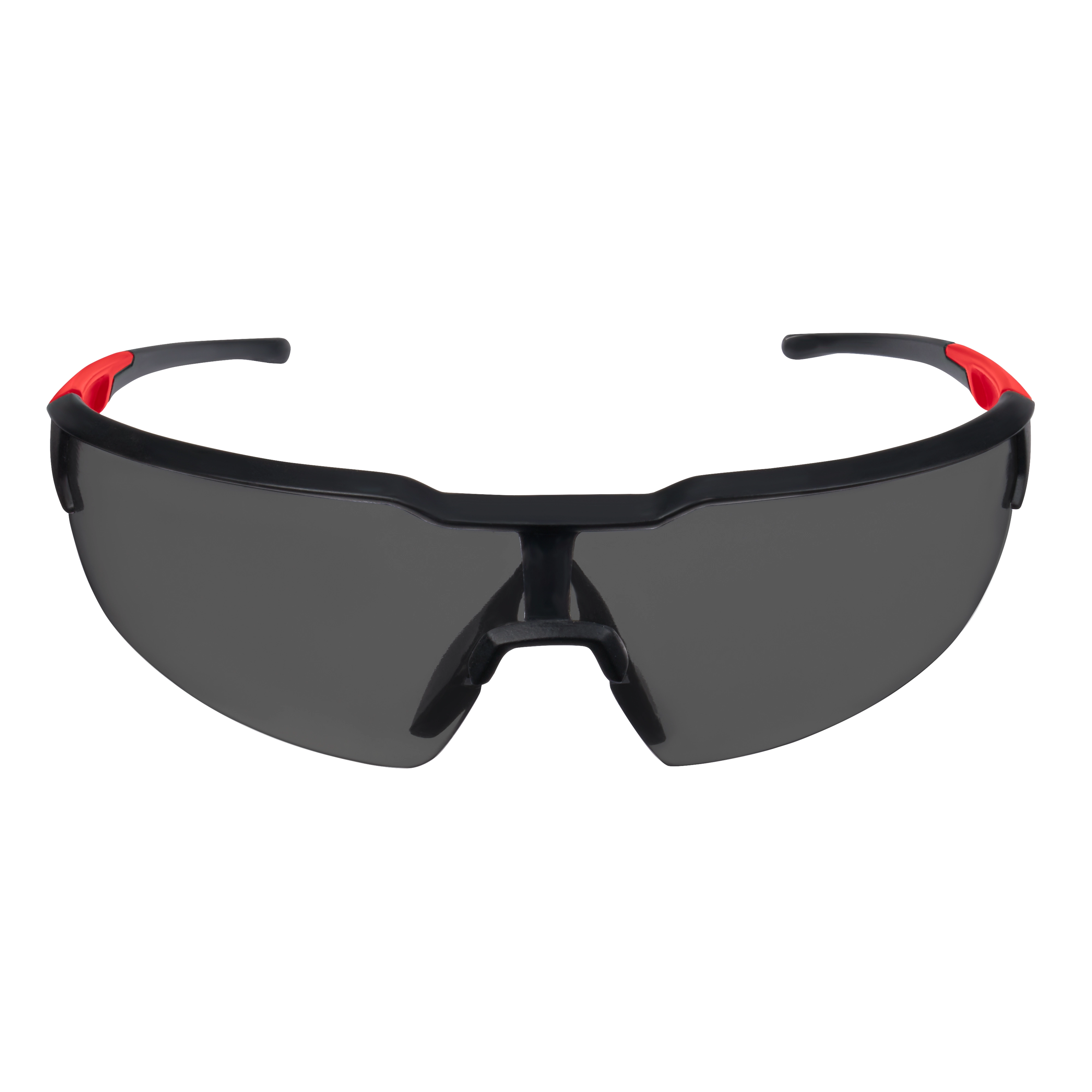 Safety Glasses - Tinted Anti-Scratch Lenses with black frame, red temples, and wrap-around design for optimal eye protection.