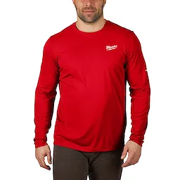 WORKSKIN Lightweight Performance Shirt in red, long sleeves, features brand logo on chest and sleeve, worn by a person.
