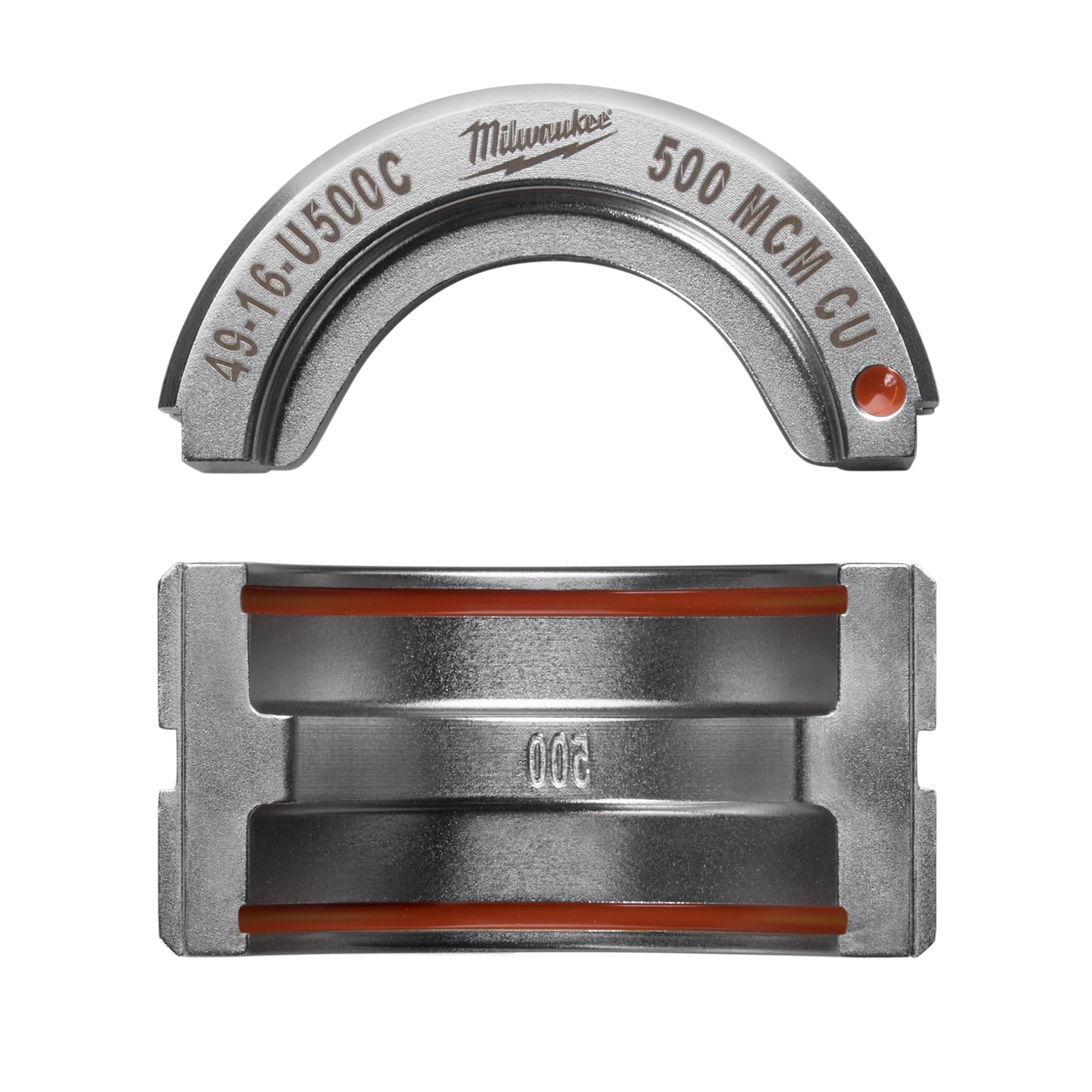 The image features a 500 MCM Copper U Style Die, displaying its two metal components with engraved specifications. The upper part is semi-circular with "500 MCM CU" and "49-16-U500C" markings, while the lower part is rectangular with "500" and orange accents.