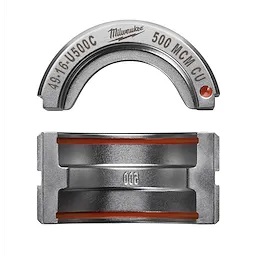 The image features a 500 MCM Copper U Style Die, displaying its two metal components with engraved specifications. The upper part is semi-circular with "500 MCM CU" and "49-16-U500C" markings, while the lower part is rectangular with "500" and orange accents.
