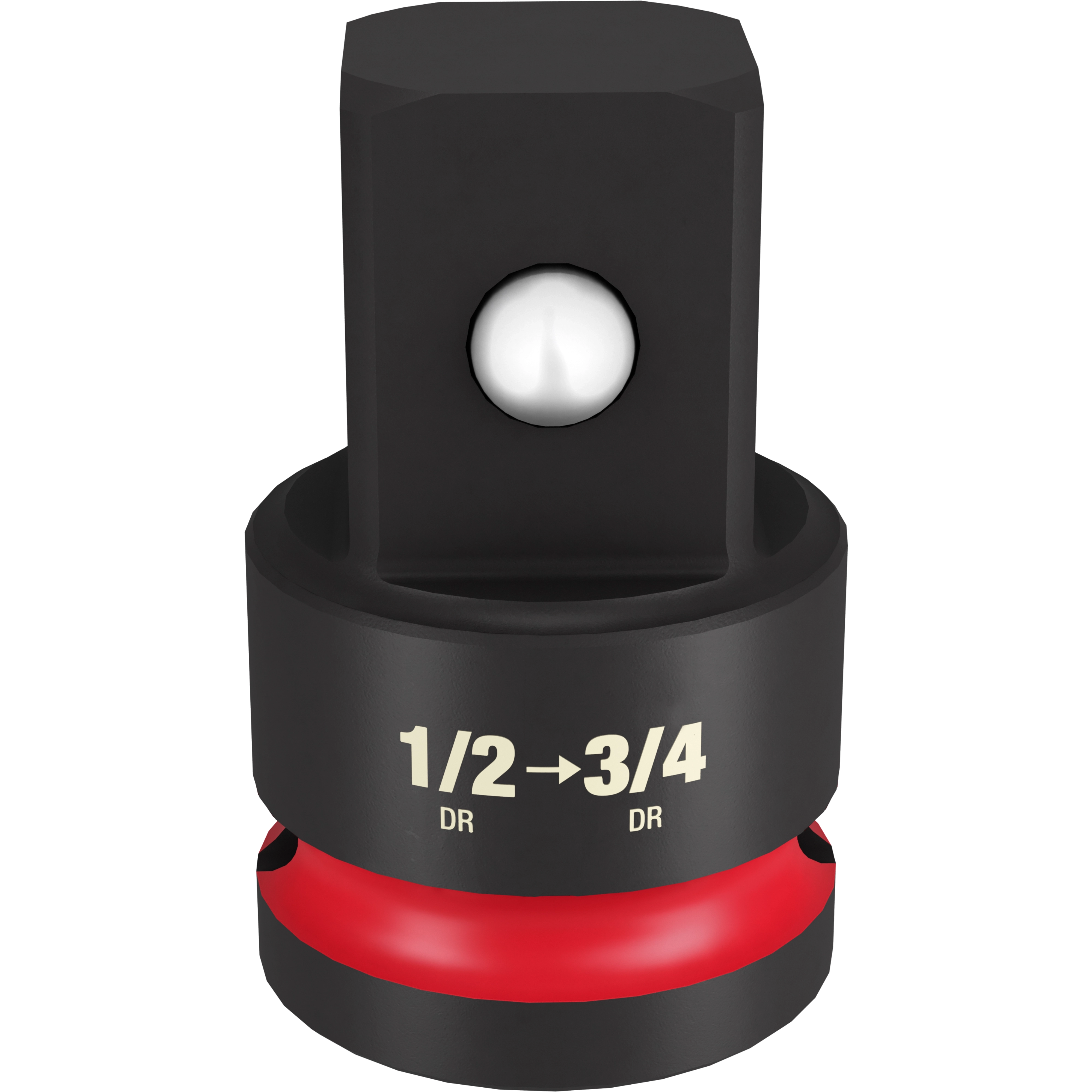1/2 DR TO 3/4 DR IMPACT ADAPTER is a black, cylindrical adapter with a square drive and a red band. It converts a 1/2-inch drive to a 3/4-inch drive. The adapter has clear markings indicating the conversion size.
