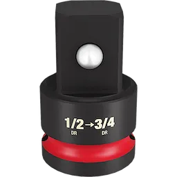 1/2 DR TO 3/4 DR IMPACT ADAPTER is a black, cylindrical adapter with a square drive and a red band. It converts a 1/2-inch drive to a 3/4-inch drive. The adapter has clear markings indicating the conversion size.