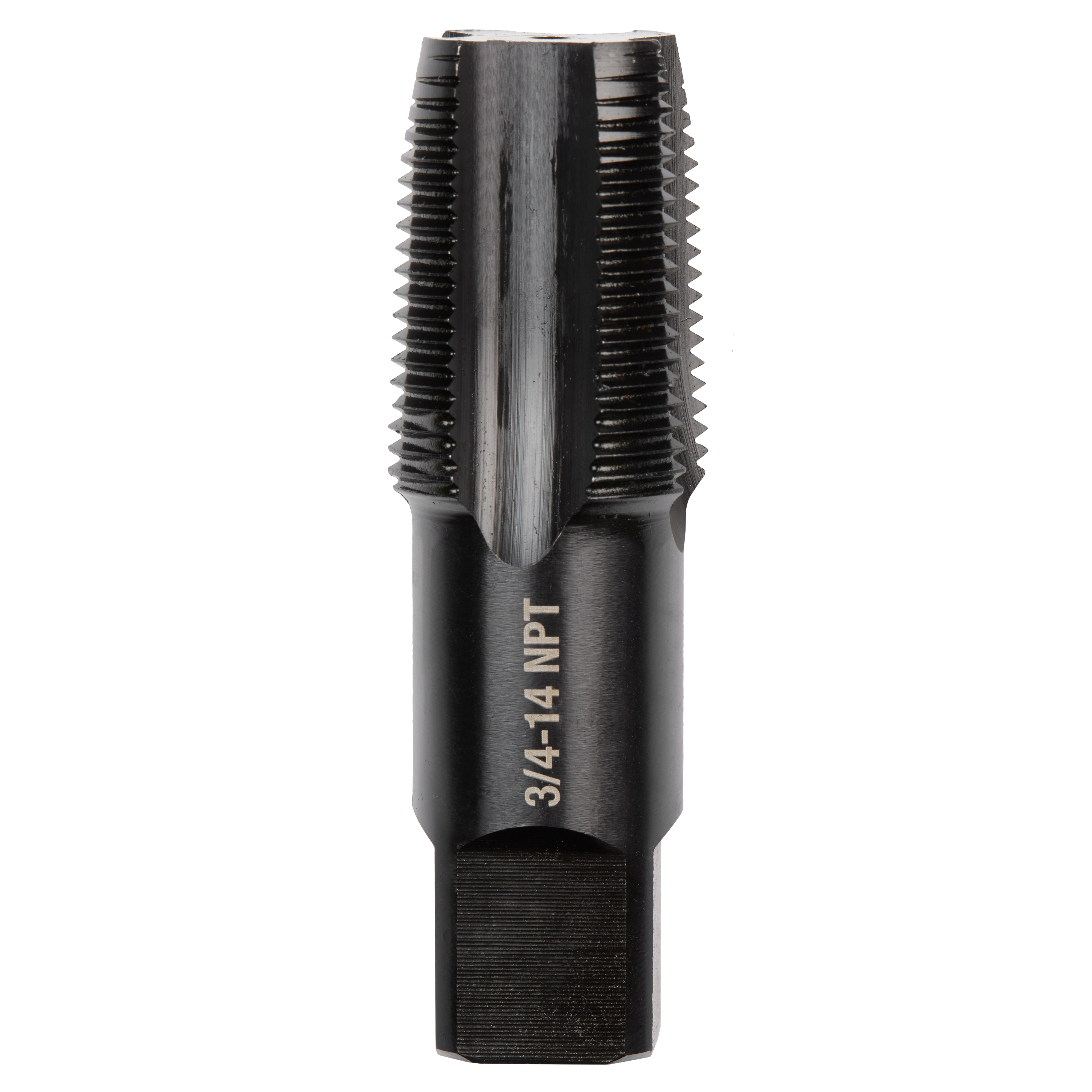 3/4"-14 NPT Straight Flute Taper Tap, black with etched text, used for creating threads in pipes, shown in an upright position.
