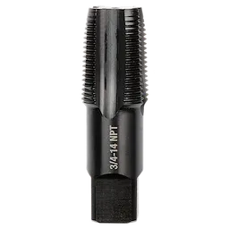 3/4"-14 NPT Straight Flute Taper Tap, black with etched text, used for creating threads in pipes, shown in an upright position.