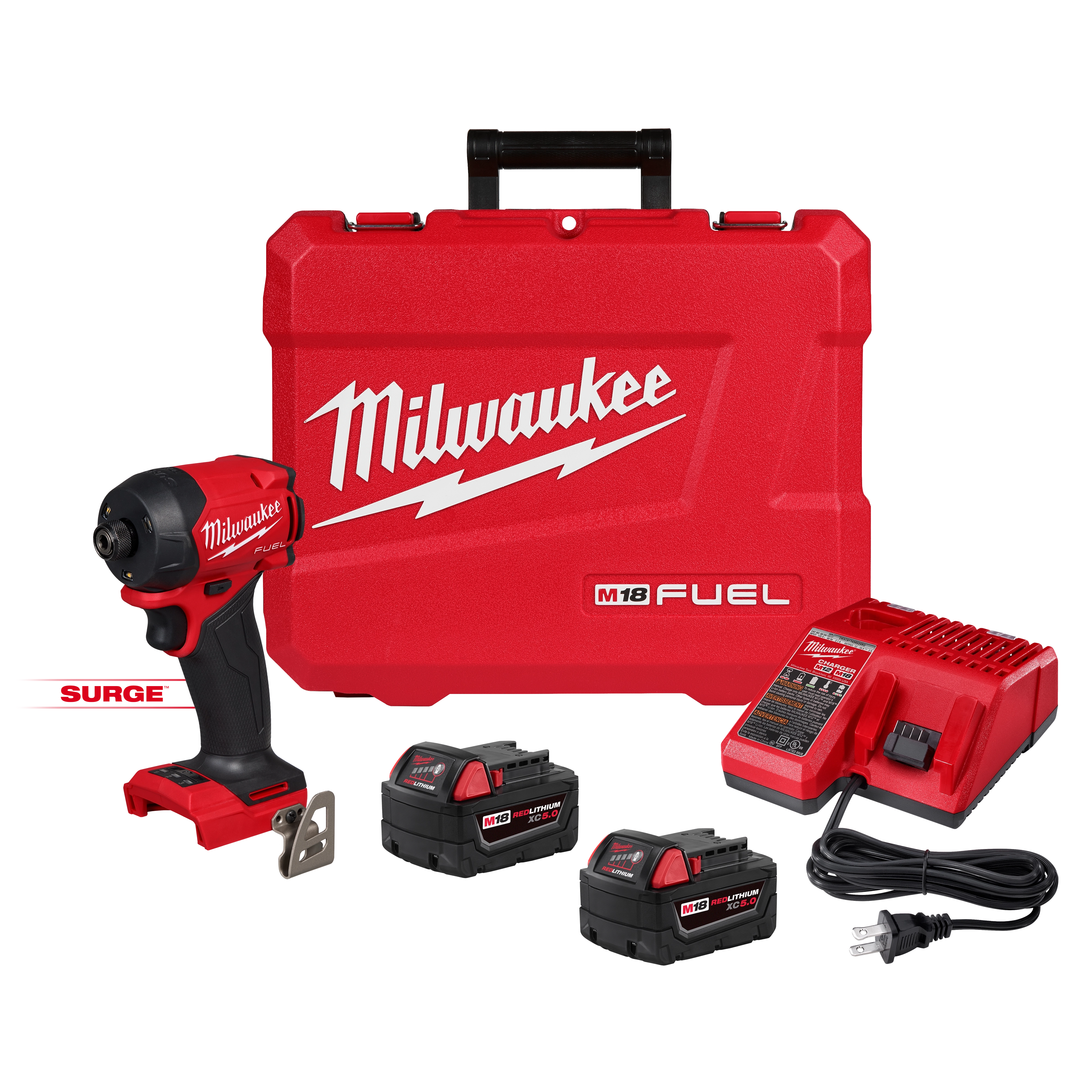The image displays the Milwaukee M18 FUEL 1/4" Hex Impact Driver set, including the impact driver, two rechargeable batteries, a charger, and a red carrying case emblazoned with the Milwaukee logo.