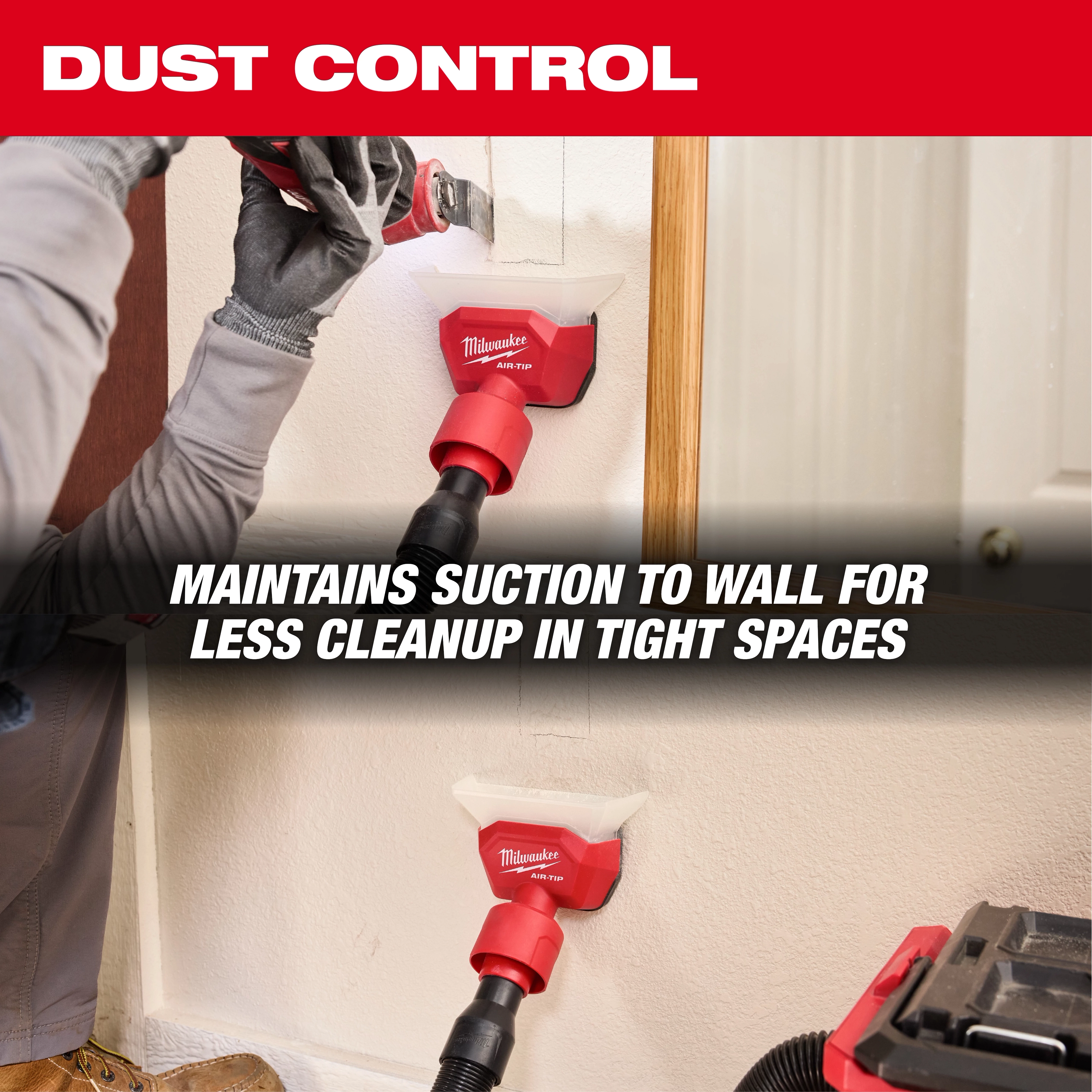 AIR-TIP Compact Dust Collector being used to maintain suction against a wall for easier cleanup in tight spaces.