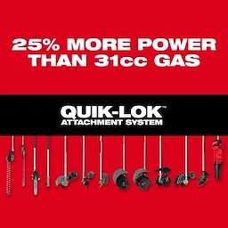 QUIK-LOK attachment system with multiple power head, string trimmer, pole saw, blower, and brush tool attachments displayed.