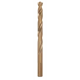 The RED HELIX™ Cobalt 5/16" Drill Bit features a spiral flute design and is made of cobalt steel. It is used for drilling through hard metals and surfaces. The bit has a bronze color and a hex shank for secure grip in drill chucks.