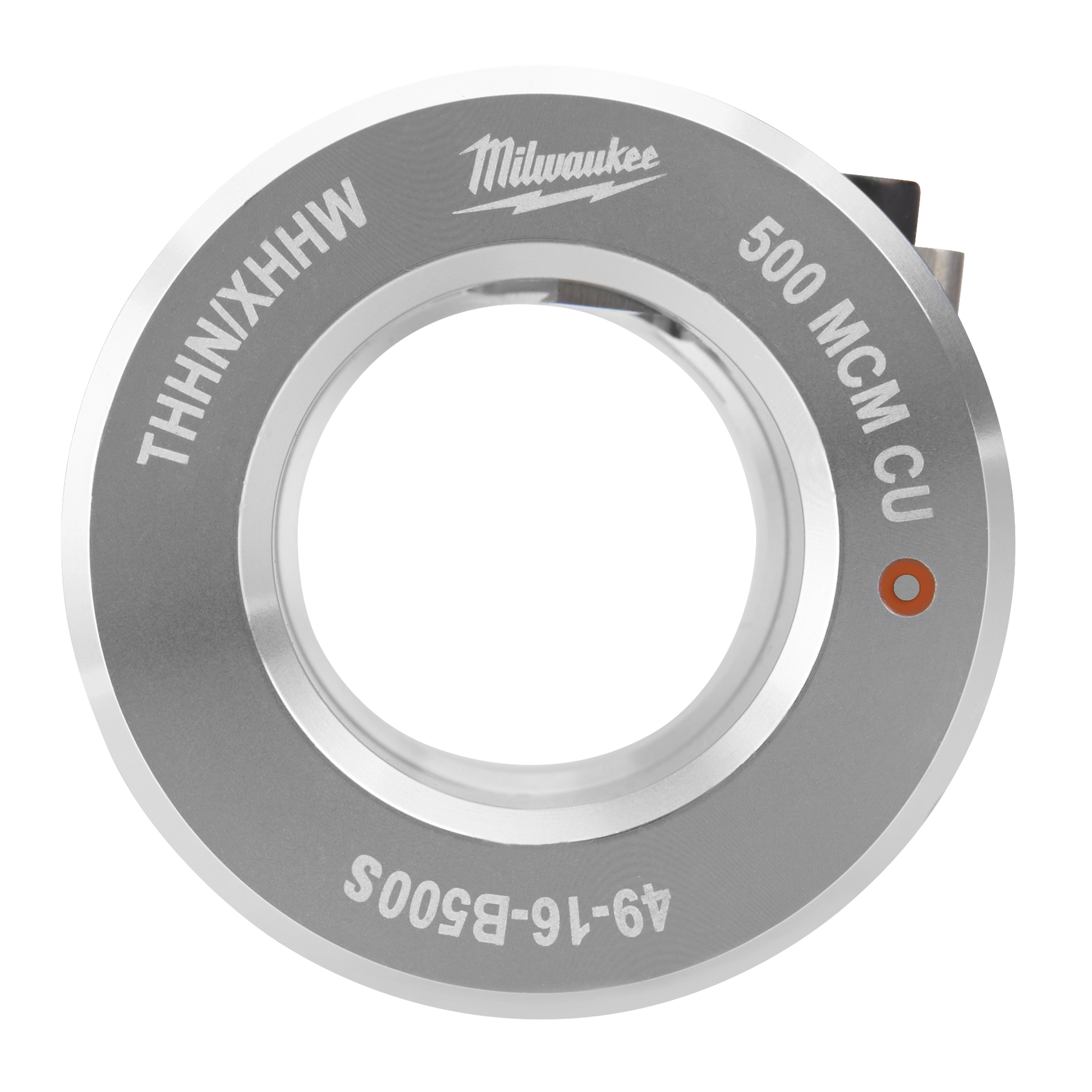 The 500 MCM Cu THHN/XHHW S Bushing by Milwaukee is a circular, metallic electrical accessory with "49-16-B500S" engraved on it. The bushing features a central hole and clear labeling of its specifications around the outer edge.