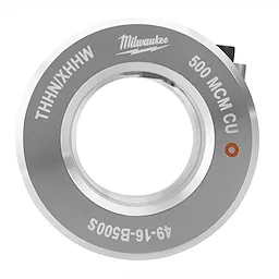 The 500 MCM Cu THHN/XHHW S Bushing by Milwaukee is a circular, metallic electrical accessory with "49-16-B500S" engraved on it. The bushing features a central hole and clear labeling of its specifications around the outer edge.