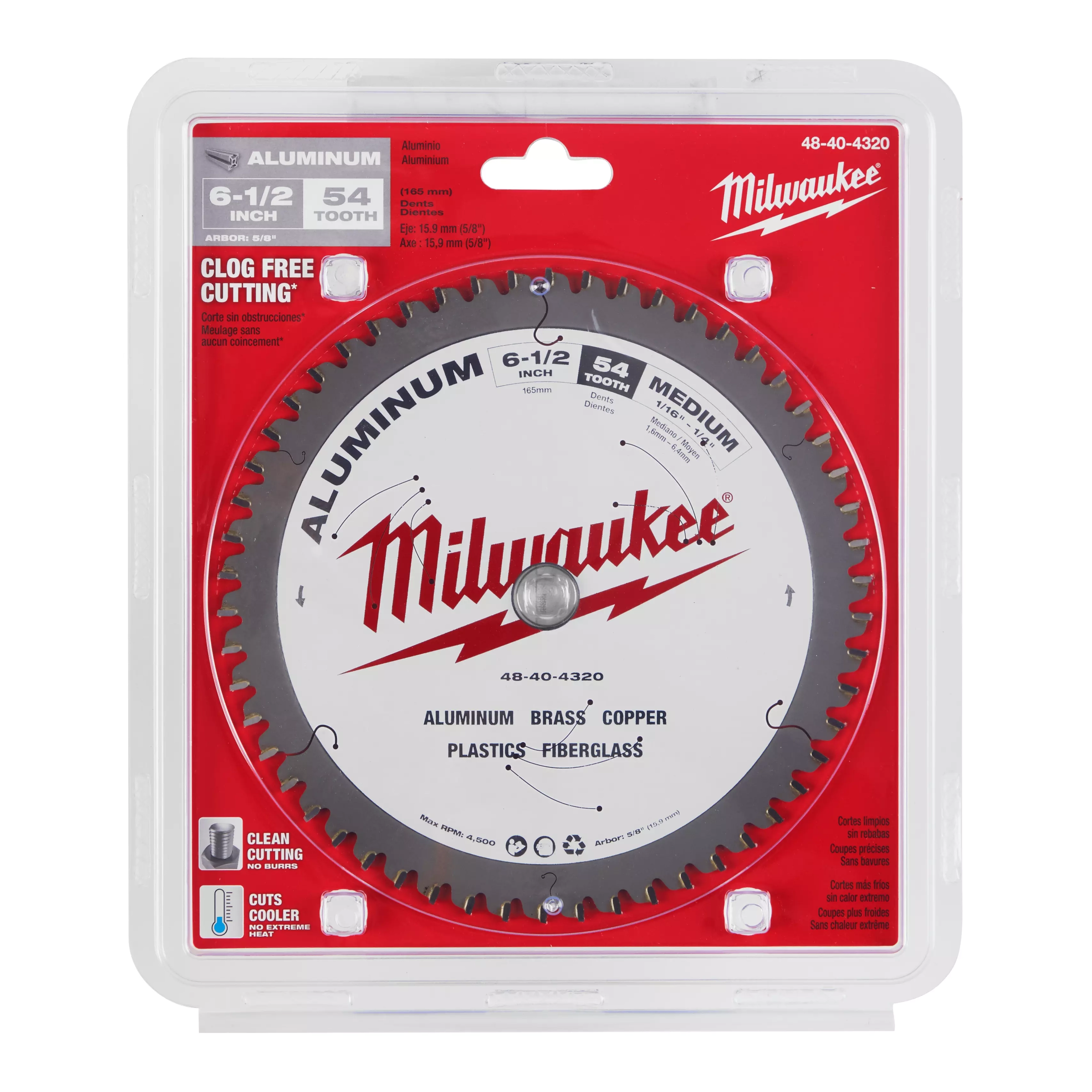 6-1/2” Aluminum Cutting Circular Saw Blade with 54 teeth, designed for cutting aluminum, brass, copper, plastics, and fiberglass.