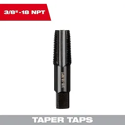3/8"-18 NPT Straight Flute Taper Tap, designed for threading pipes, displayed vertically with threading visible on top.