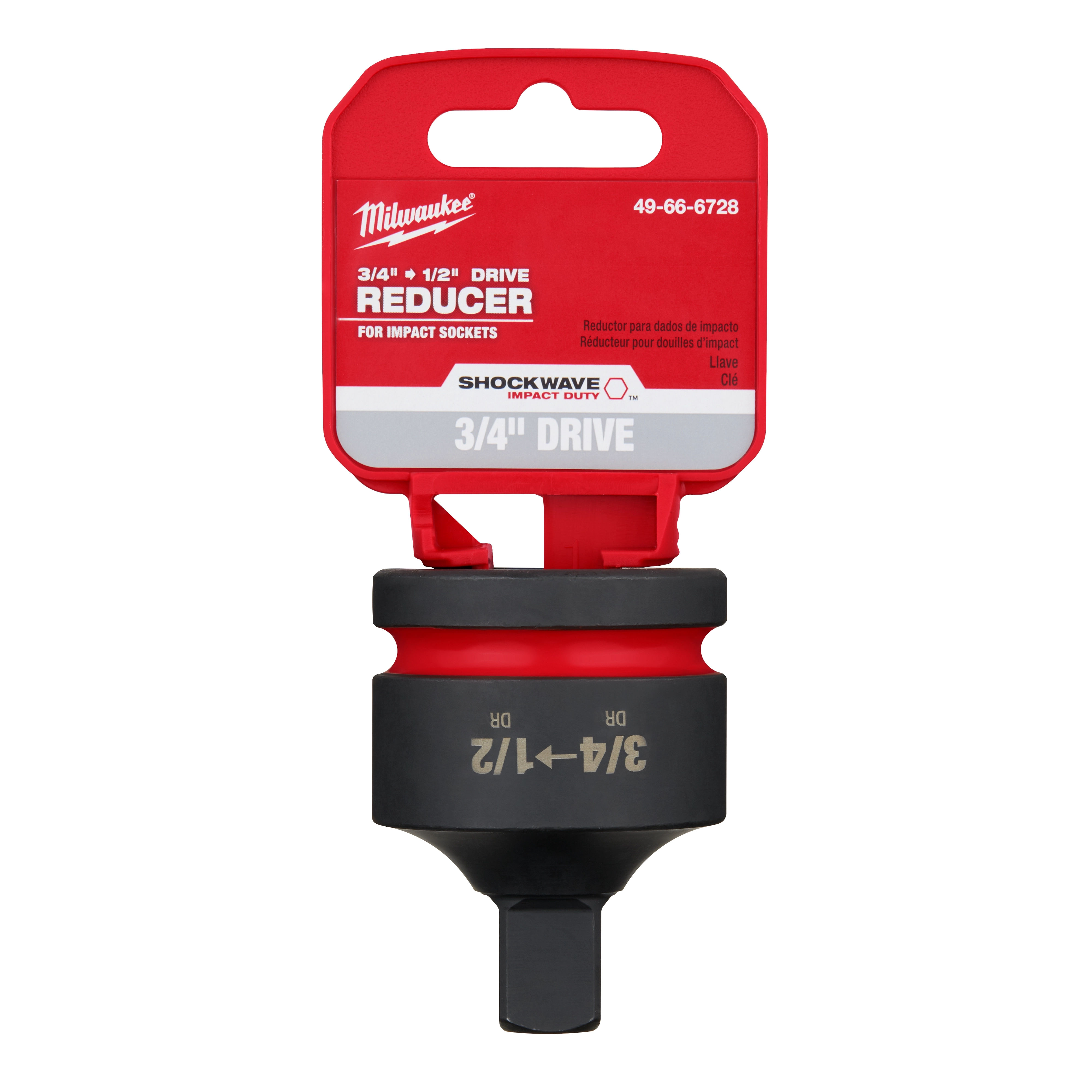 SHOCKWAVE Impact Duty 3/4" Drive 1/2" Drive Reducer in retail packaging with Milwaukee branding and product details in English and Spanish.