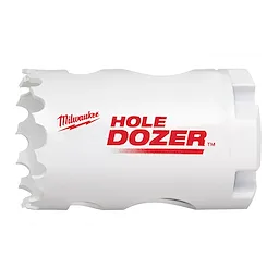 White RANGE%20OF%20Hole%20Dozer%20Bi-Metal%20Hole%20Saw%20%201-3%2F8%22%201-7%2F16%22 with red text and jagged cutting edge.