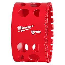 Milwaukee 3" DIAMOND MAX Hole Saw, red with multiple cut-out holes, features diamond grit on the cutting edge for enhanced performance.