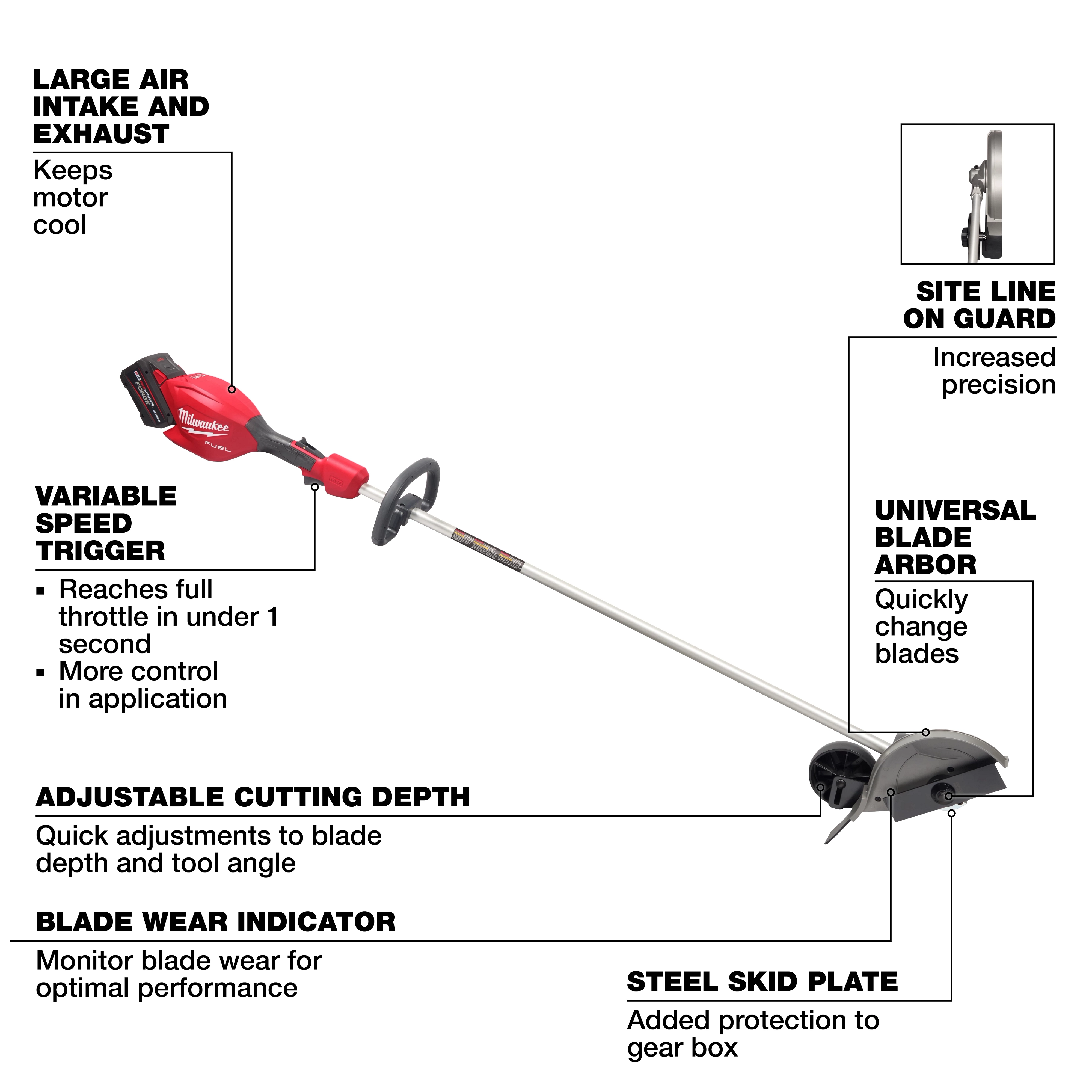 M18 FUEL Edger Kit features a large air intake, variable speed trigger, adjustable cutting depth, blade wear indicator, and steel skid plate.