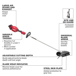 M18 FUEL Edger Kit features a large air intake, variable speed trigger, adjustable cutting depth, blade wear indicator, and steel skid plate.
