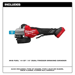 The M18 FUEL™ 4-1/2" / 6" Dual Trigger Braking Grinder with Paddle Switch and ONE KEY™ technology features a red and black design, ergonomic grip, and integrated safety measures. The package includes types of guards, a back flange, flange nut, and wrench.