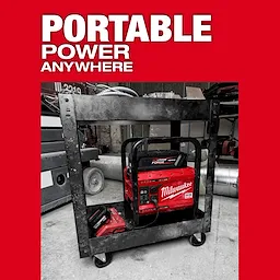 The MX FUEL CARRY-ON 3600W/1800W Power Supply and Charger with MX FUEL REDLITHIUM FORGE HD12.0 is displayed within a rugged metal frame. The image emphasizes portable power, suitable for various environments. The bright red equipment contrasts with its industrial surroundings, promoting reliability and efficiency.