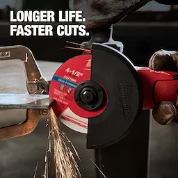 Bonded Abrasives Cutting disc used with an angle grinder to cut a metal bar, producing sparks. Text reads "Longer Life. Faster Cuts."