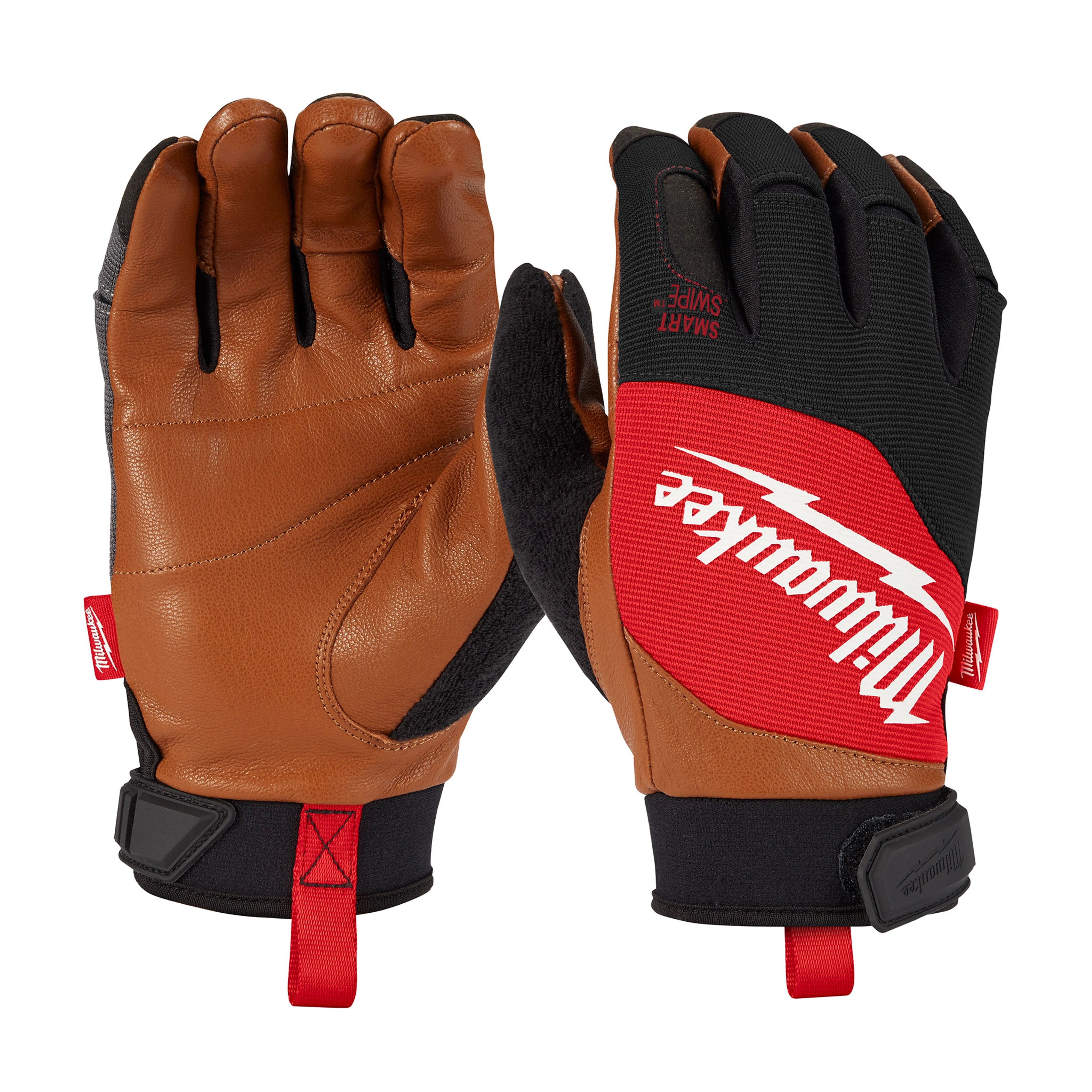 Leather%20Peformance%20Gloves featuring brown leather palms, black fabric backs, red accents, and branded with white text. The gloves offer a secure fit with adjustable Velcro straps and red pull tabs for easy removal, designed for durability and performance.