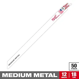 Milwaukee Sawzall blade for medium metal cutting, measuring 12 inches in length with 18 teeth per inch. Featured as a pack of 50 blades, the image highlights the product's design and American flag label.