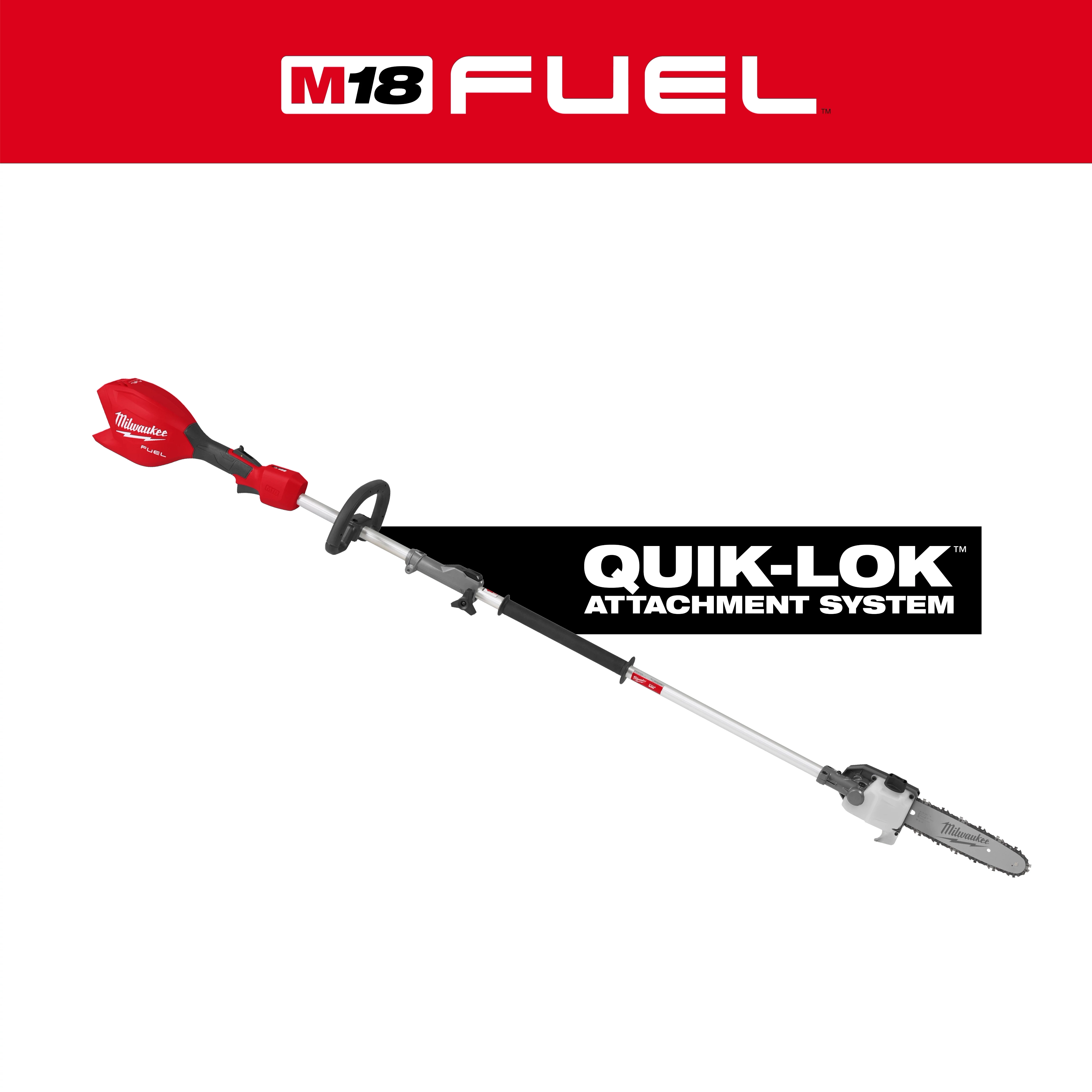 M18 FUEL QUIK-LOK Pole Saw displayed diagonally with branding text on a white background.