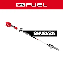 M18 FUEL QUIK-LOK Pole Saw displayed diagonally with branding text on a white background.