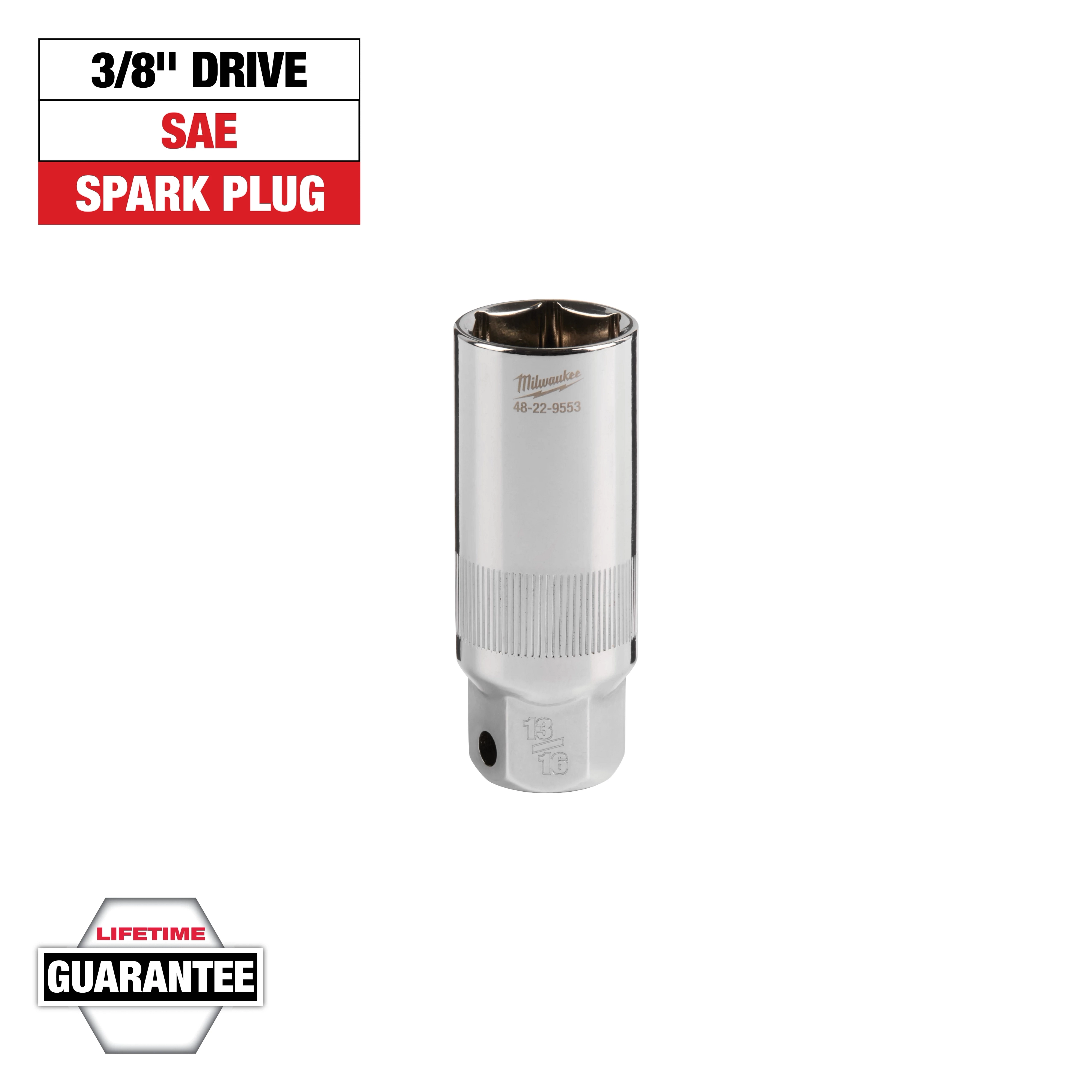 This image shows a Milwaukee 3/8" drive SAE spark plug socket. The product has a lifetime guarantee. The text "3/8'' DRIVE SAE SPARK PLUG" appears at the top, and "LIFETIME GUARANTEE" is at the bottom.