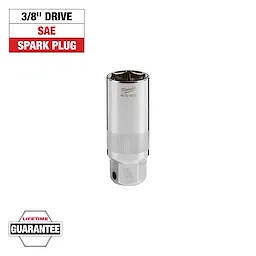 This image shows a Milwaukee 3/8" drive SAE spark plug socket. The product has a lifetime guarantee. The text "3/8'' DRIVE SAE SPARK PLUG" appears at the top, and "LIFETIME GUARANTEE" is at the bottom.