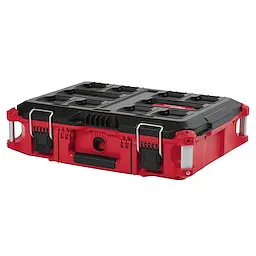 Red and black PACKOUT Modular Storage System: Medium Tool Box with metal latches, handle, and reinforced corners.